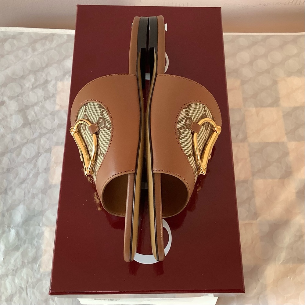 BNIB Gucci Alfa Gold Horsebit Brown GG Canvas Logo Leather Flat Slip Sandal 37.5 - Picture 7 of 12